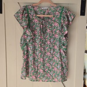Staccato Pink & Green Floral Tie-Neck Ruffle Cap Sleeve Blouse